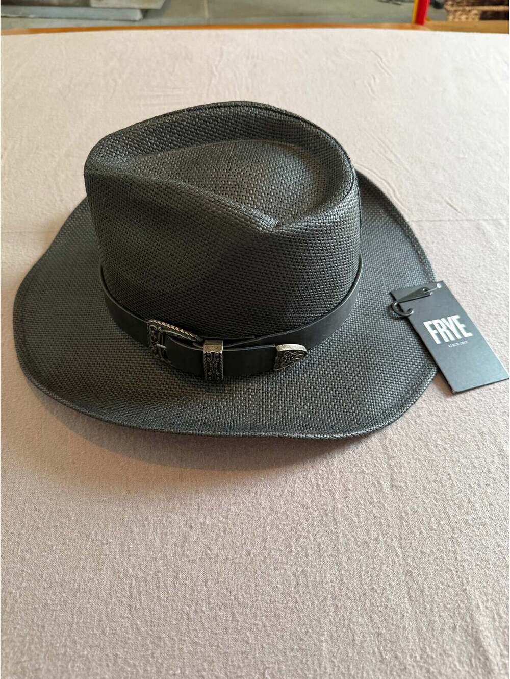 Frye Black Woven Wide Brim Fedora Hat with Western Leather Band – NWT